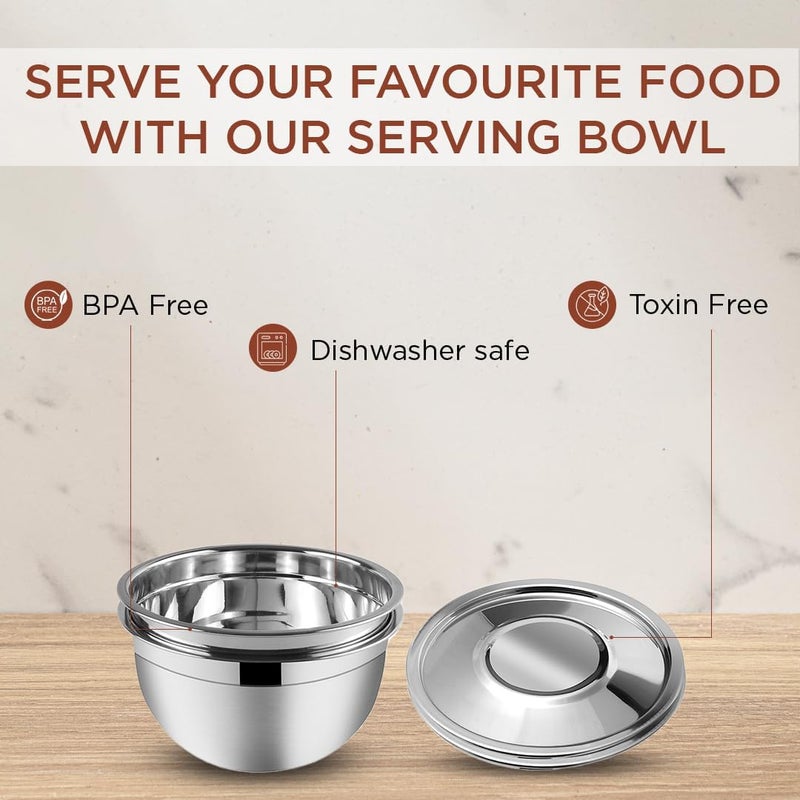 Kraft Stainless Steel Serving Bowl with Lid Set of 2 pcs - 18cm | Mixing Steel Big Bowl | Salad, Fruit, Desert, katori Set | Matt Finish, Food Grade | 2 Year Warranty - Silver - Image 4