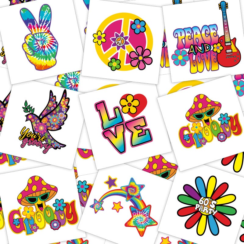 Chinco 144 Pcs Hippie Temporary Tattoo Stickers 70s 80s 90s Party Favor Groovy Hippie Tattoos Waterproof Hippie Face Tattoos Love and Peace Sign Temporary Tattoos Decals for Tie Dye Hippie Party Favor - Image 1