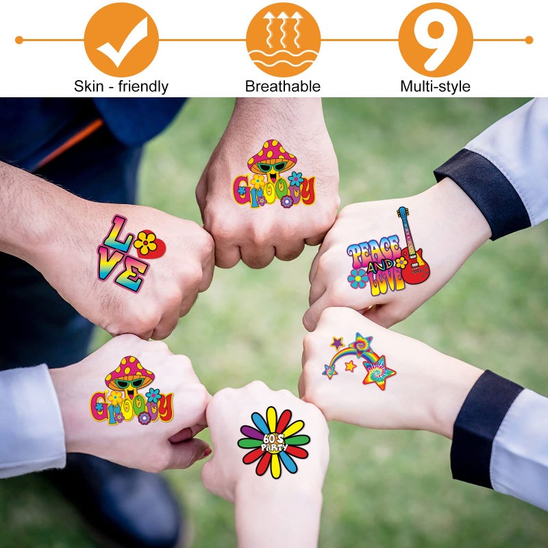 Chinco 144 Pcs Hippie Temporary Tattoo Stickers 70s 80s 90s Party Favor Groovy Hippie Tattoos Waterproof Hippie Face Tattoos Love and Peace Sign Temporary Tattoos Decals for Tie Dye Hippie Party Favor - Image 5
