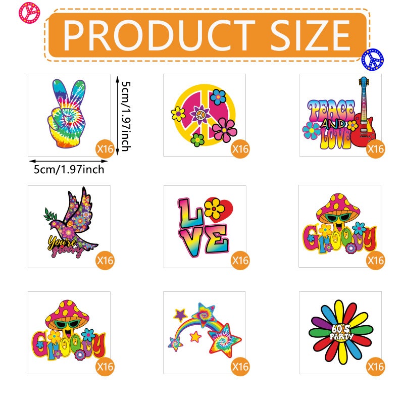Chinco 144 Pcs Hippie Temporary Tattoo Stickers 70s 80s 90s Party Favor Groovy Hippie Tattoos Waterproof Hippie Face Tattoos Love and Peace Sign Temporary Tattoos Decals for Tie Dye Hippie Party Favor - Image 2