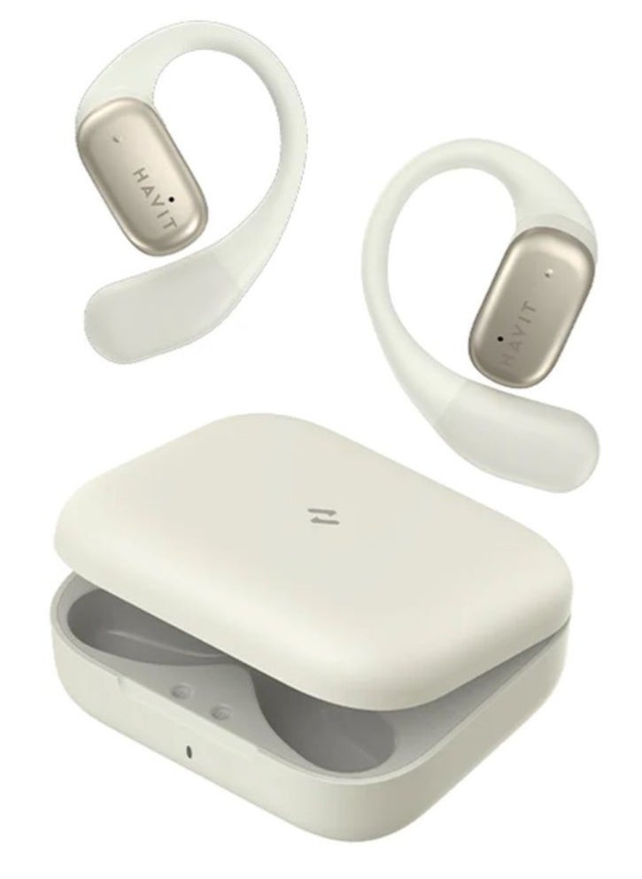 havit Open-Ear True Wireless Bluetooth Headphones with Microphone, Wireless Earbuds with Secure Earhooks, Air Conduction Technology for Sports, Superior Stereo Sound Quality, Sweat-Resistant Design, Fast Charging, 25 Hours Playtime Including Charging Case, Ideal for Active Lifestyles (Grey/White)  - Image 1