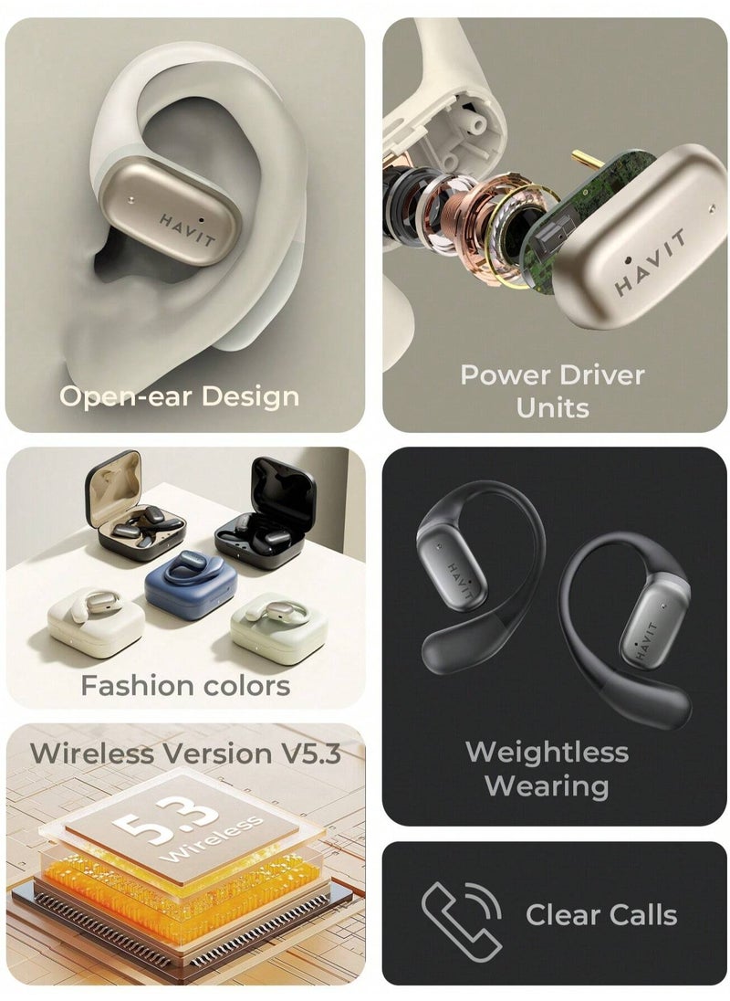 havit Open-Ear True Wireless Bluetooth Headphones with Microphone, Wireless Earbuds with Secure Earhooks, Air Conduction Technology for Sports, Superior Stereo Sound Quality, Sweat-Resistant Design, Fast Charging, 25 Hours Playtime Including Charging Case, Ideal for Active Lifestyles (Grey/White)  - Image 2
