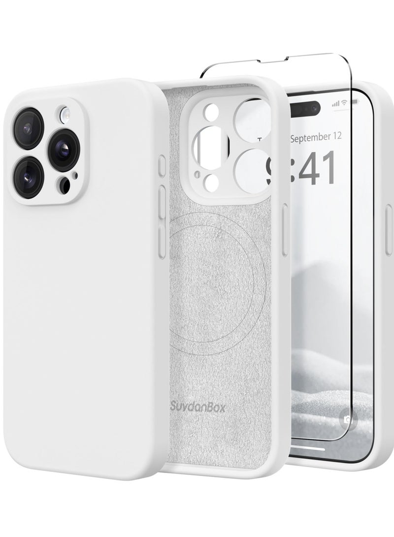 SUYDANBOX Magnetic for iPhone 15 Pro Case Compatible with MagSafe [Full Camera Protection][Screen Protector] Silicone Shockproof Protective Phone Case for iPhone 15 Pro 6.1" White - Image 1