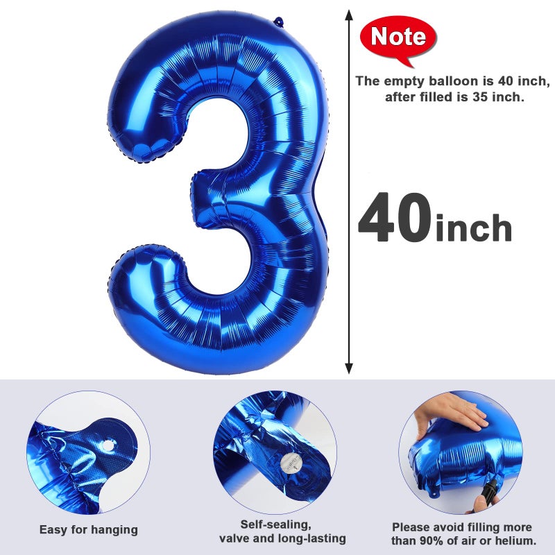 Mluchee Number 3 Balloons 40 Inch Navy Blue Numbers Balloon for Three Year Old Birthday Decor, 3rd 13 30 31 Birthday Party Supplier - Image 5