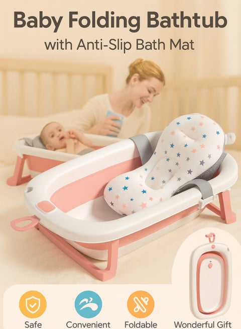 Baby Portable Folding Bathtub with Anti-Slip Bath Mat, Deep Ergonomic Design, Safe PP+TPE Material, Space-Saving Foldable Baby Bath Tub