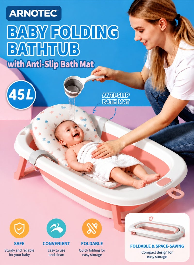 ARNOTEC Foldable Baby Bathtub with Bear-Star Bath Cushion – 45L Large Capacity, 85×47×10cm, Foldable, Anti-Slip, Comfortable for Newborns to 6 Years, Easy Storage & Hygienic Bathing - Image 1