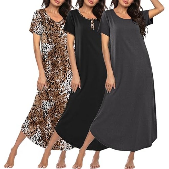 Ekouaer Women's 3-Pack Long Nightgowns Plus Size Soft Moo Moo Sleepwear Short Sleeve House Dress