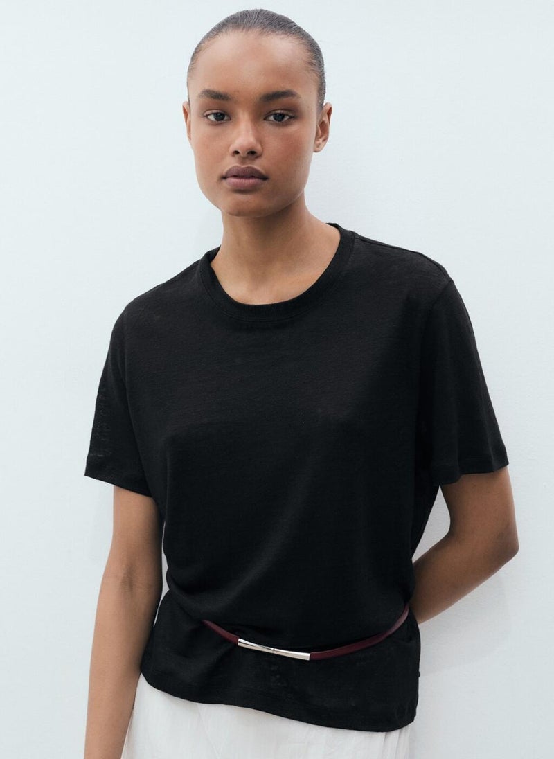 MANGO Short-Sleeved Linen T-Shirt  - Image 1