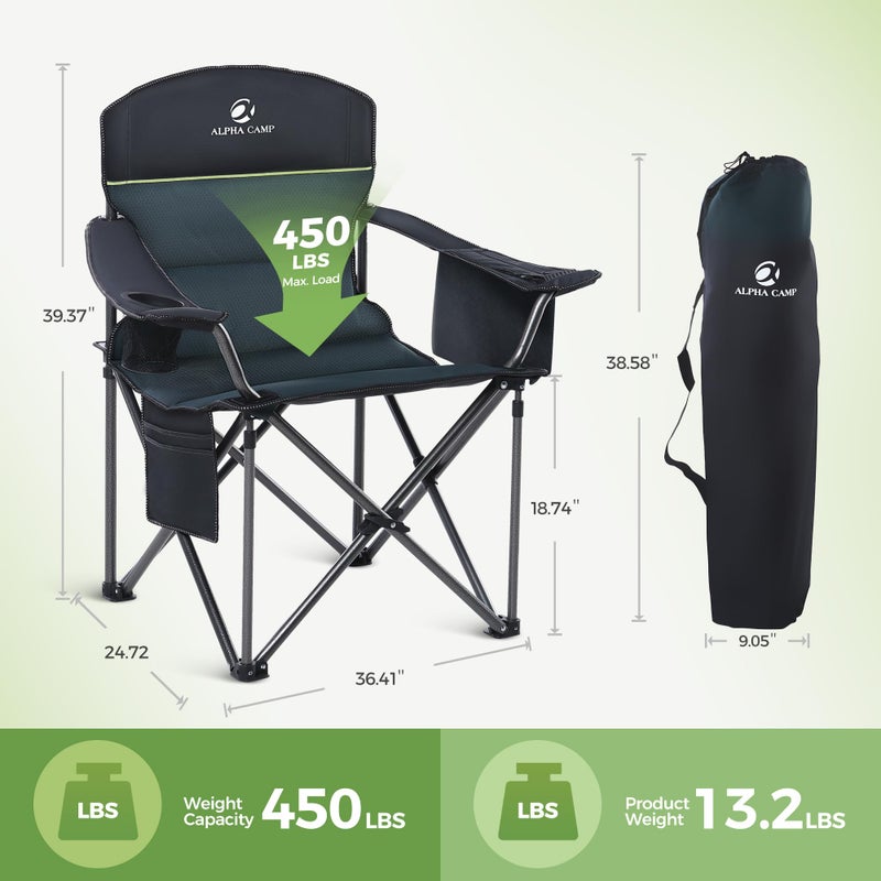 LET'S CAMP Oversized Folding Camping Chair Portable Outdoor Heavy Duty Padded Chairs Lawn Chair with Cup Holder, Storage Pocket and Cooler Bag, Supports 450LBS, for Camp, Travel, Picnic,2 Pack(Green) - Image 4