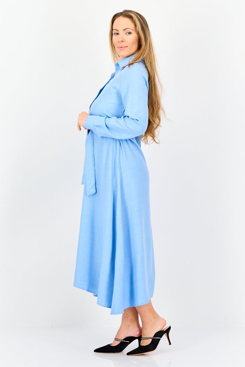 Ulyashova Women Chambray Belted Maxi Dress, Blue - Image 3