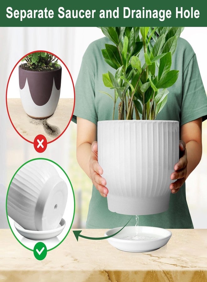 YUFDA وعاء زراعة سيراميكي من YUFDA مقاس 8 بوصات، مزود بفتحة تصريف وصحن، مناسب للزراعة الخارجية الكبيرة، ومناسب أيضاً للزراعة الداخلية العصرية والأنيقة (أبيض نقي، النباتات غير متضمنة). - Image 3