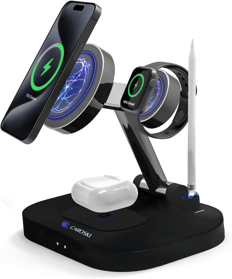 CAROSKI 4 in 1 Wireless Charging Station| Multi-Function Wireless Charger Stand | Foldable Wireless Charging Doc for Android | Portable Charger Station for Apple Watch, AirPods with 1-Year Warranty - Image 1
