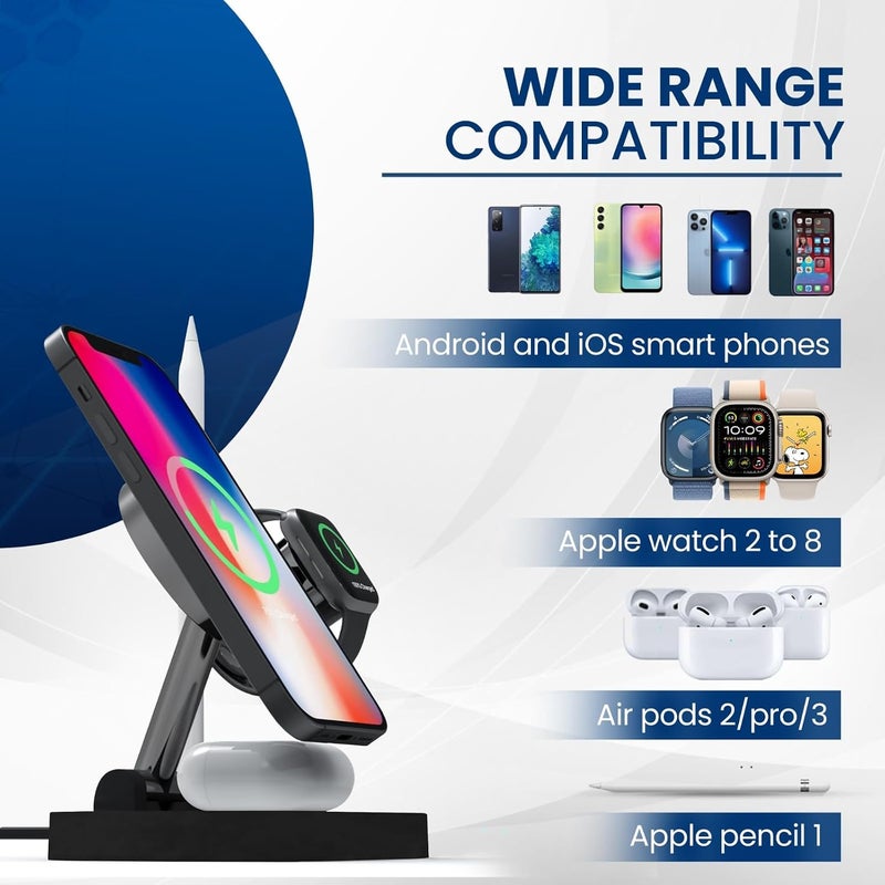 CAROSKI 4 in 1 Wireless Charging Station| Multi-Function Wireless Charger Stand | Foldable Wireless Charging Doc for Android | Portable Charger Station for Apple Watch, AirPods with 1-Year Warranty - Image 5