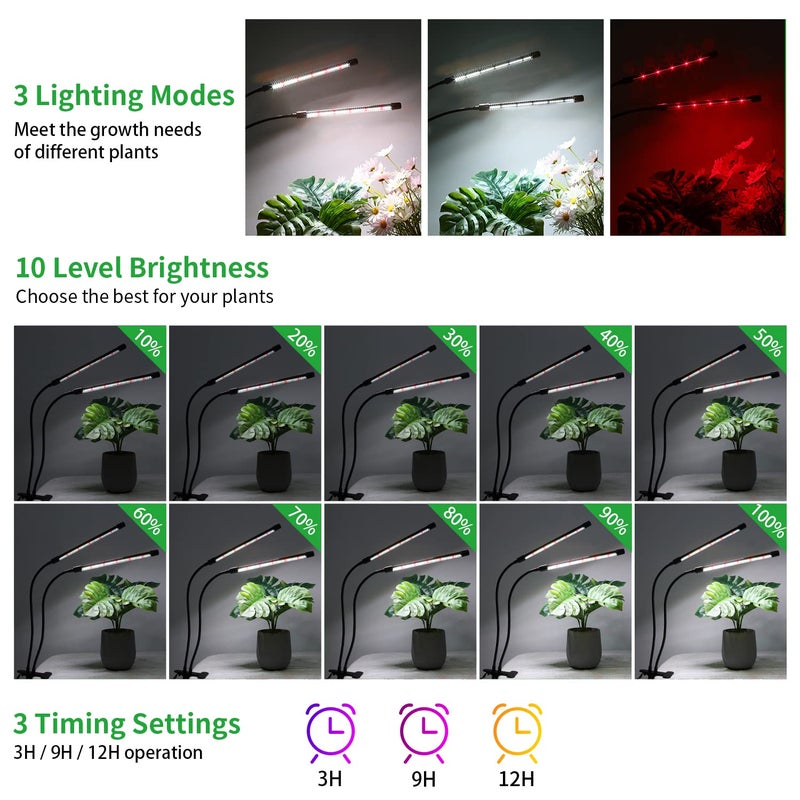 RWNTAO Grow Lights for Indoor Plants, Upgrade 84 LEDs Clip Plant Lights, Full Spectrum LED Plant Growing Lamps with Flexible Gooseneck, 3/9/12H Timer, 3 Spectral Modes, 10 Dimmable Levels (2 Head 1 pack) - Image 4