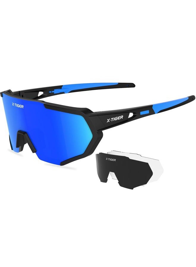 Xtiger Polarized Cycling Bike Sunglasses,Bicycle Glasses with 3 Interchangeable Lenses (Blackblue) - Image 1