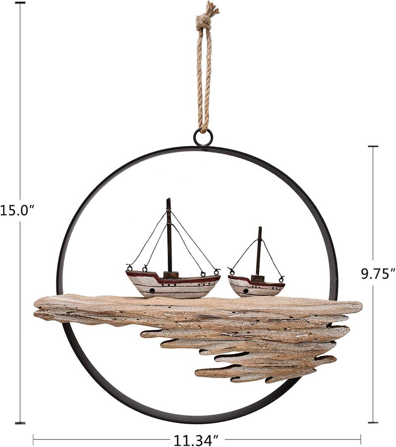 E-view Nautical Wood Wall Decoration Rustic Wooden Hanging Circle Ocean Home Decor Hand Carved Beach Themed Ornament for Door (Sailboat) - Image 5