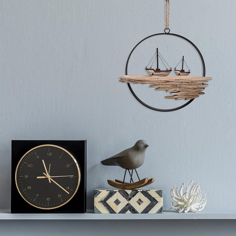 E-view Nautical Wood Wall Decoration Rustic Wooden Hanging Circle Ocean Home Decor Hand Carved Beach Themed Ornament for Door (Sailboat) - Image 4
