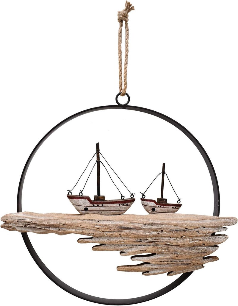 E-view Nautical Wood Wall Decoration Rustic Wooden Hanging Circle Ocean Home Decor Hand Carved Beach Themed Ornament for Door (Sailboat) - Image 1
