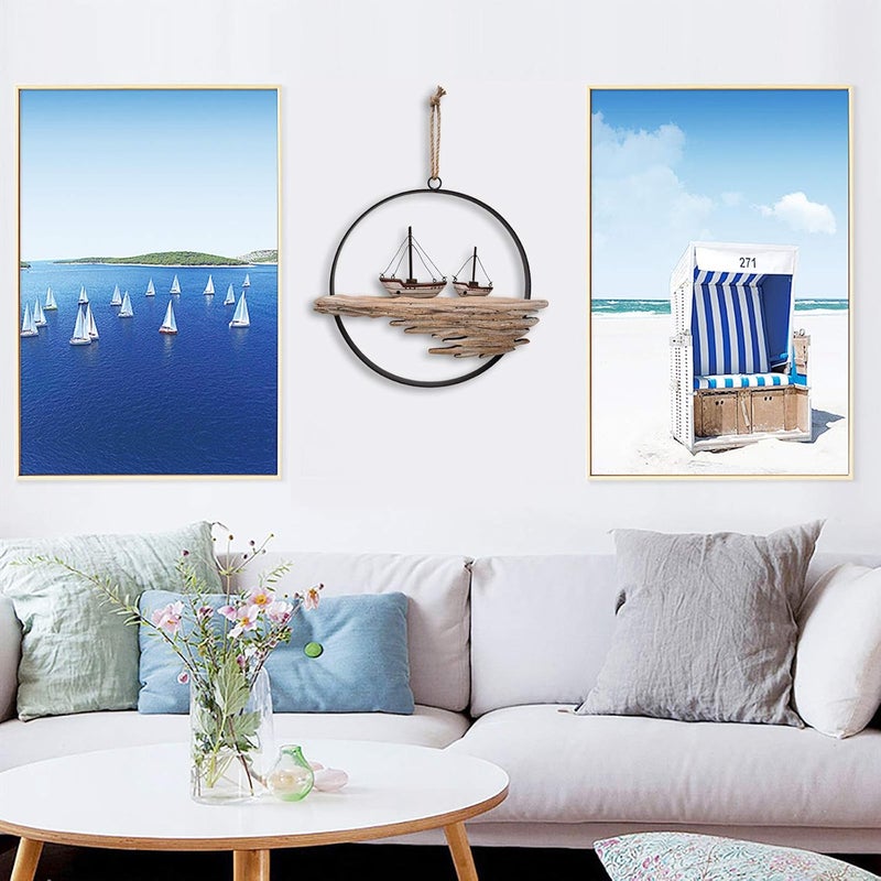 E-view Nautical Wood Wall Decoration Rustic Wooden Hanging Circle Ocean Home Decor Hand Carved Beach Themed Ornament for Door (Sailboat) - Image 2