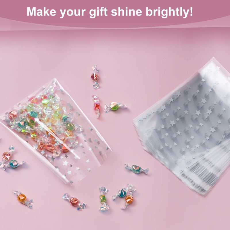 Aegero 120 Pack Star Printed 5"X 7" Gift Wrap Cello Cellophane Treat Bags,Gift Candy Goodies Bags with 140 Pcs Twists for Valentine,Birthday,Bakery,Wedding,Gift Cookie Snack Packing,Party Favor Supplies(Silver Star) - Image 5