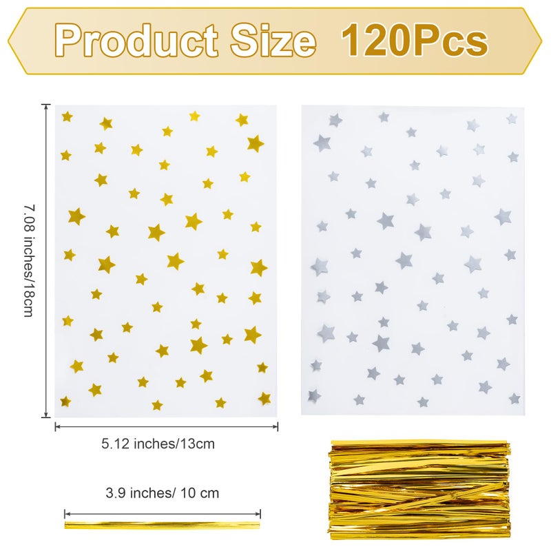 Aegero 120 Pack Star Printed 5"X 7" Gift Wrap Cello Cellophane Treat Bags,Gift Candy Goodies Bags with 140 Pcs Twists for Valentine,Birthday,Bakery,Wedding,Gift Cookie Snack Packing,Party Favor Supplies(Silver Star) - Image 2