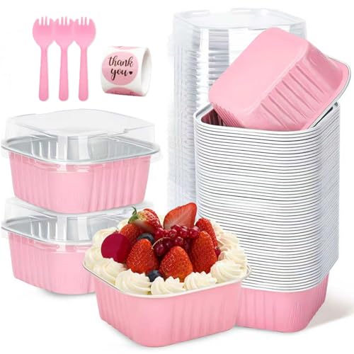 ylnurac 30Pack 5oz Pink Mini Cake Pans with Lids and Spoons Baking Cups Aluminum Foil Pans Tins Individual Dessert Cups Containers for SalesPartyPicnics - Image 1