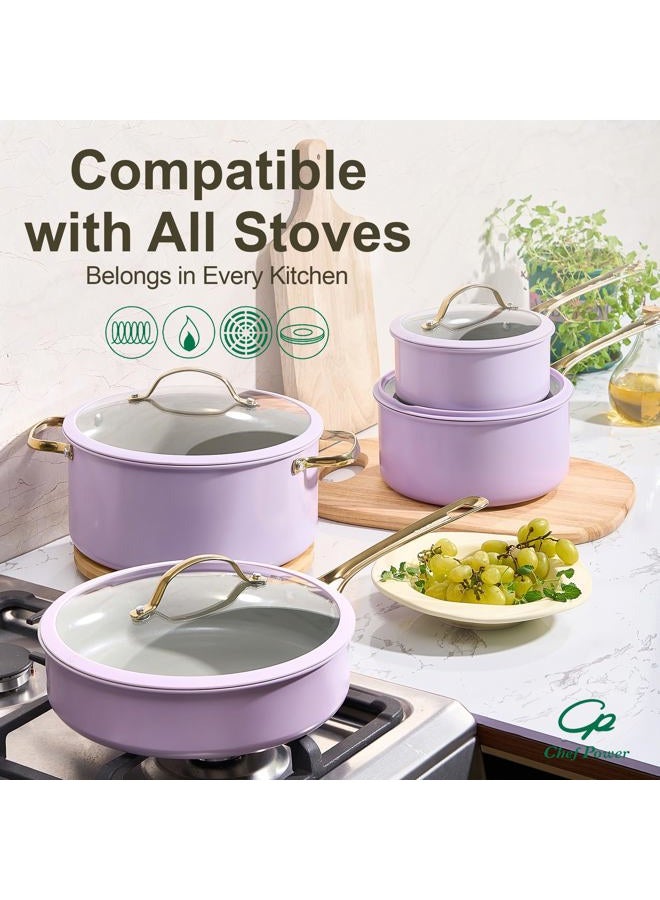 Chef Power Ceramic Frying Pan with Stainless Steel handle 5Pcs Set, Non Stick Grill Pan Set, Dishwasher and Oven Safe, Light Purple and Granite Grey - Image 5