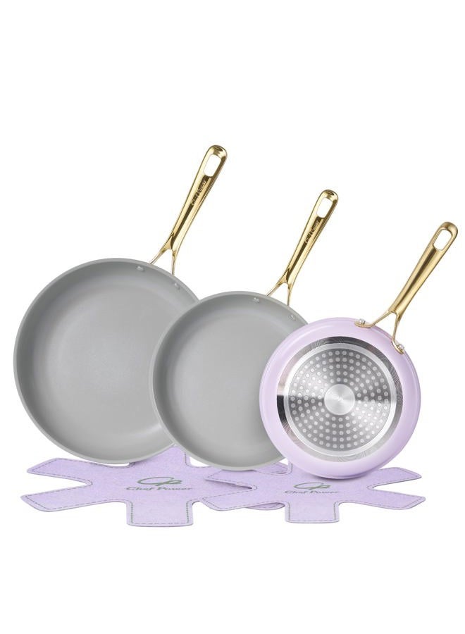 Chef Power Ceramic Frying Pan with Stainless Steel handle 5Pcs Set, Non Stick Grill Pan Set, Dishwasher and Oven Safe, Light Purple and Granite Grey - Image 1