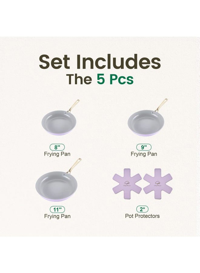Chef Power Ceramic Frying Pan with Stainless Steel handle 5Pcs Set, Non Stick Grill Pan Set, Dishwasher and Oven Safe, Light Purple and Granite Grey - Image 2