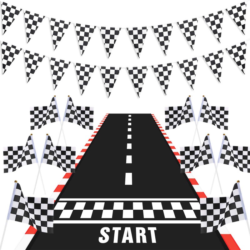 Tatuo Racing Car Party Decorations Supplies 6.6 x 2 ft Long Racetrack Floor Running Mat 6.6 Feet Checkered Racing Pennant Banner 10 Pcs Checked Race Flags with Stick for Birthday Race Car Party Decors - Image 1