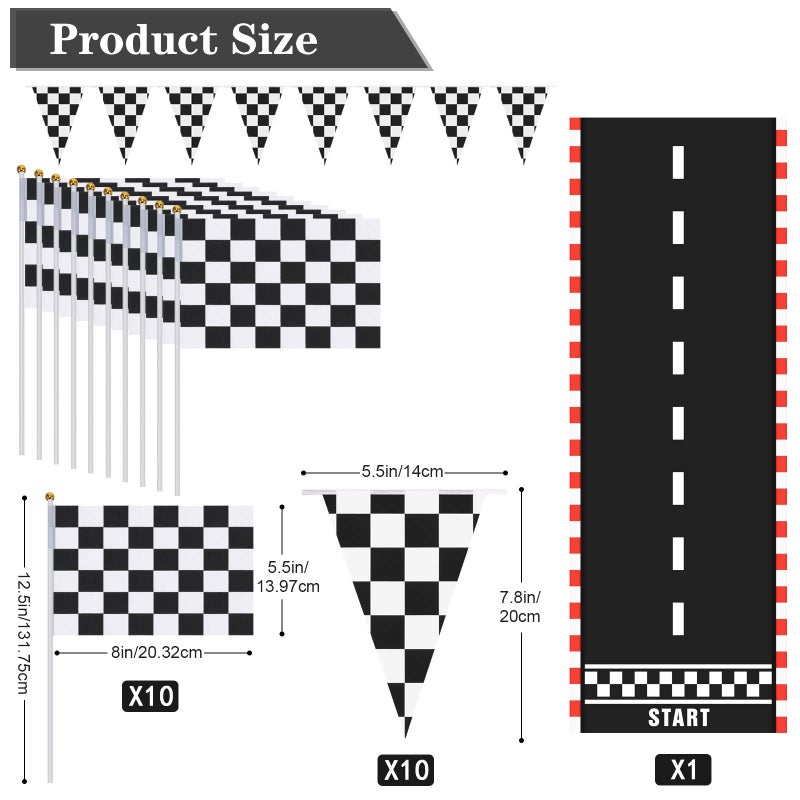 Tatuo Racing Car Party Decorations Supplies 6.6 x 2 ft Long Racetrack Floor Running Mat 6.6 Feet Checkered Racing Pennant Banner 10 Pcs Checked Race Flags with Stick for Birthday Race Car Party Decors - Image 2
