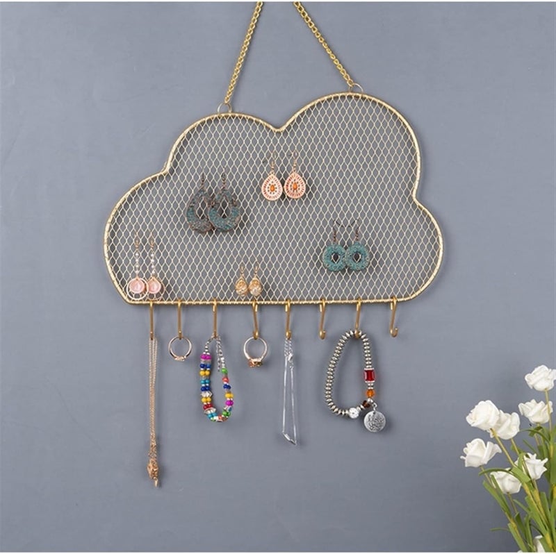 Calyrex Hanging Wall Wall Jewelry Rack Hanging Earring Holder Hanging Jewelry Organizer Display Grid Golden CloudShaped Bracelet Necklace and Ring Organizer with 8 Hooks - Image 1