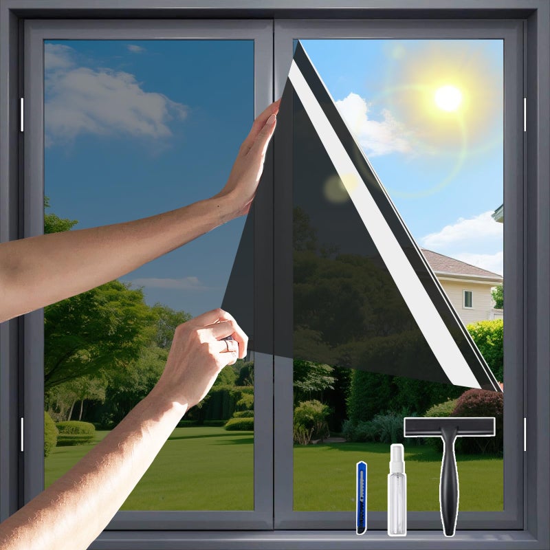 Flueen One Way Privacy Window Filmï¼ŒFlueen Shatterproof PET Window Tint for Heat Control & 99% UV Protection Blackout Window Treatment for Home, Office Doors with Eco-Adhesive Nocturnal Black 17.5" x6.5FT - Image 1