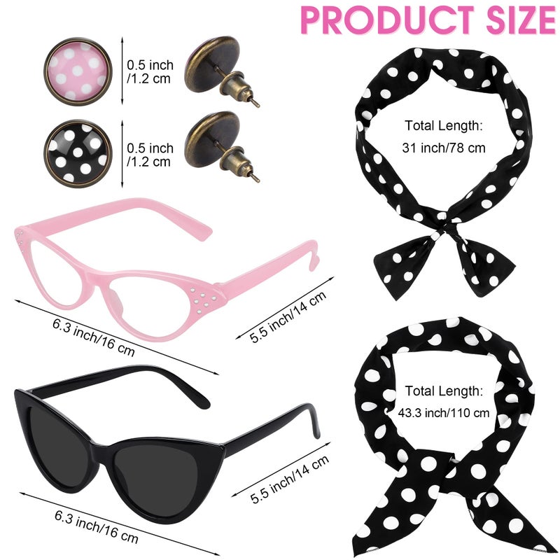 SOMSOC 1950s Pink Satin Jacket with Neck Scarf Headband Earrings Cat Eye Glasses Halloween Cosplay Costume Set for Women Girl - Image 2