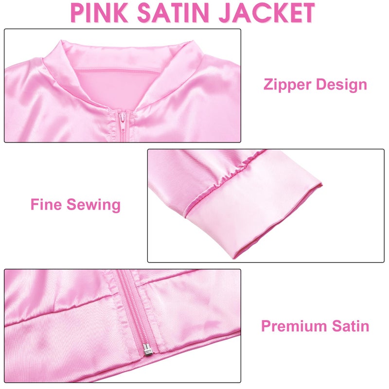 SOMSOC 1950s Pink Satin Jacket with Neck Scarf Headband Earrings Cat Eye Glasses Halloween Cosplay Costume Set for Women Girl - Image 3