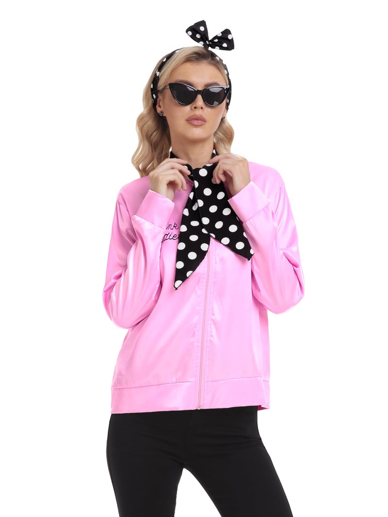 SOMSOC 1950s Pink Satin Jacket with Neck Scarf Headband Earrings Cat Eye Glasses Halloween Cosplay Costume Set for Women Girl - Image 5