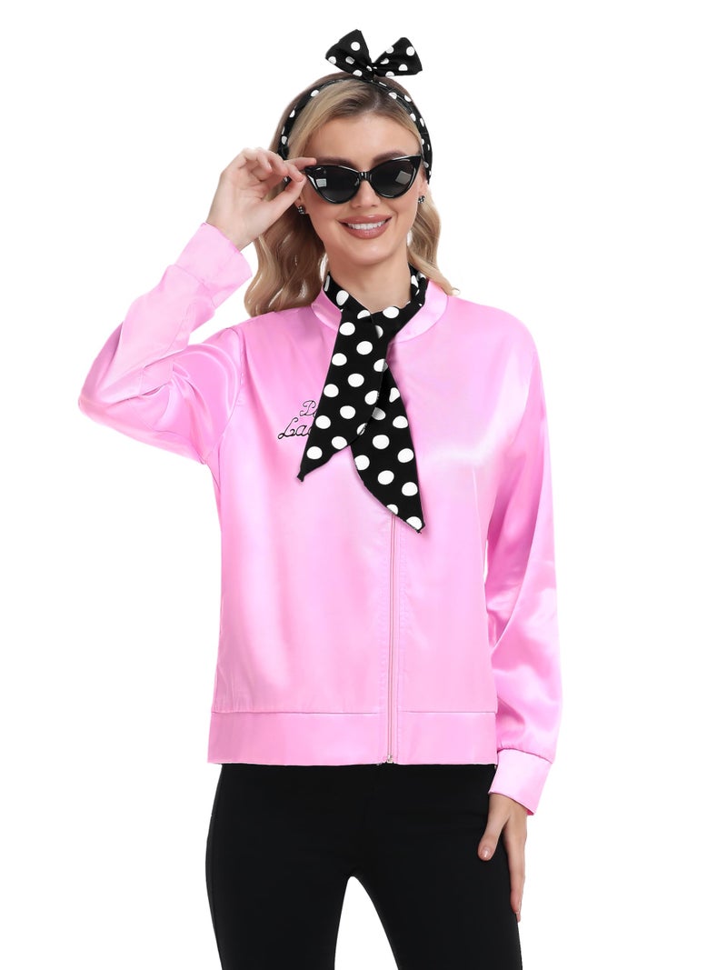 SOMSOC 1950s Pink Satin Jacket with Neck Scarf Headband Earrings Cat Eye Glasses Halloween Cosplay Costume Set for Women Girl - Image 4