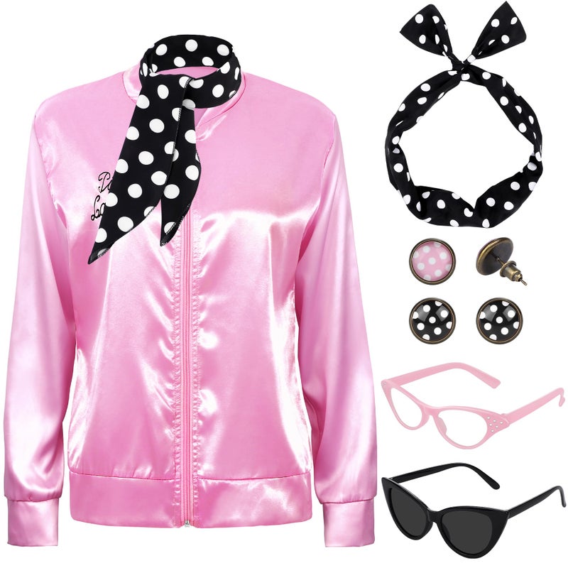 SOMSOC 1950s Pink Satin Jacket with Neck Scarf Headband Earrings Cat Eye Glasses Halloween Cosplay Costume Set for Women Girl - Image 1