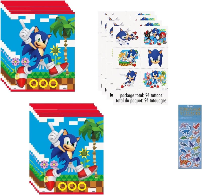 Unique حزمة مستلزمات حفلة عيد ميلاد سونيك الفريدة تشمل 16 حقيبة loot بلاستيكية 24 وشم 1 ورقة ملصقات ديناصور - Image 1