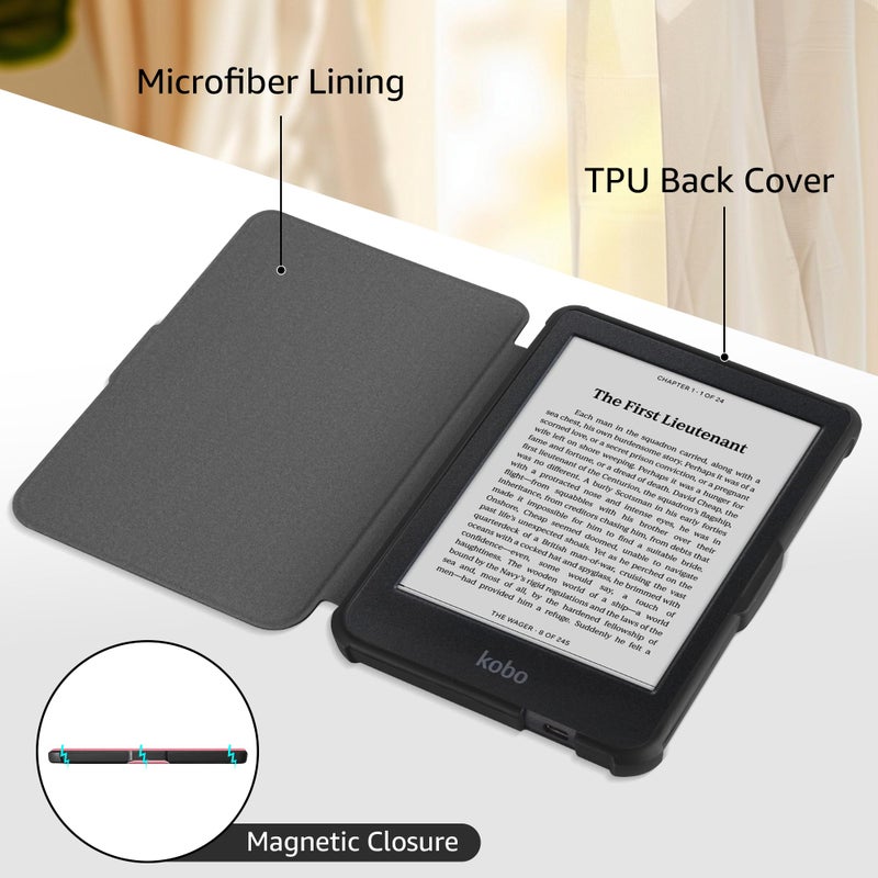 Tiorecime Case for 6" Kobo Clara Colour(2024)/Clara BW(2024)/Clara 2E(2022) - Slim Lightweight PU Leather Protective Smart Shell Cover with Auto Wake Sleep, Black - Image 3