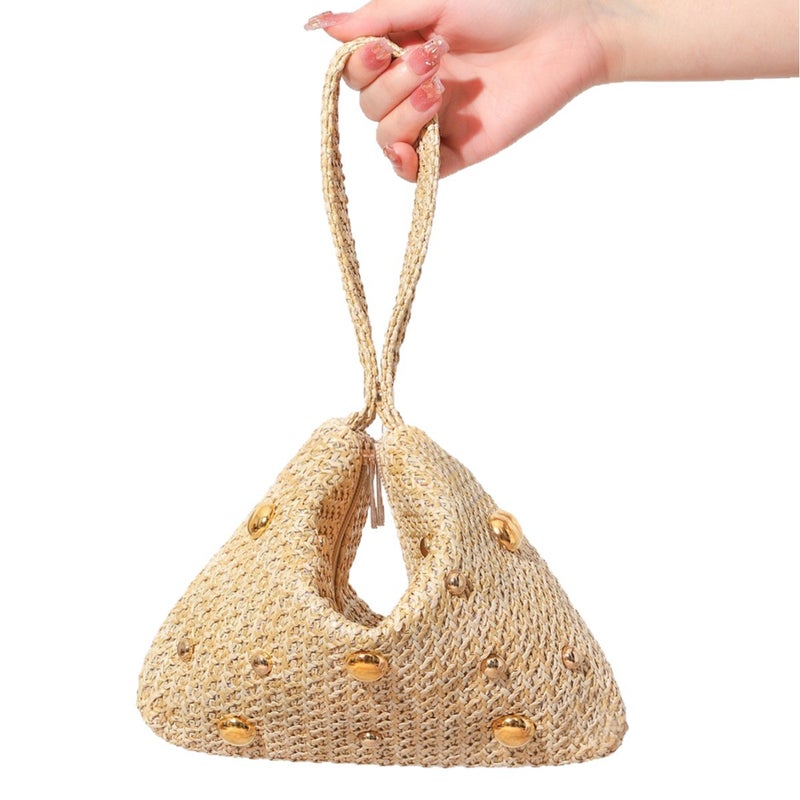 Magnetic Closure Beaded Straw Tote Bag - Image 1