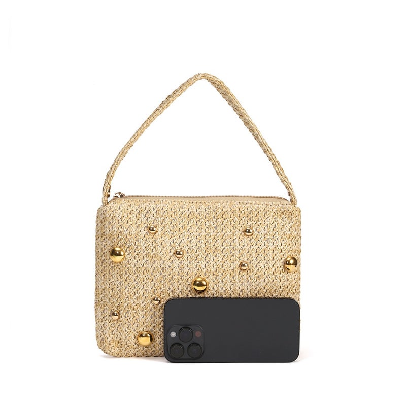 Magnetic Closure Beaded Straw Tote Bag - Image 4