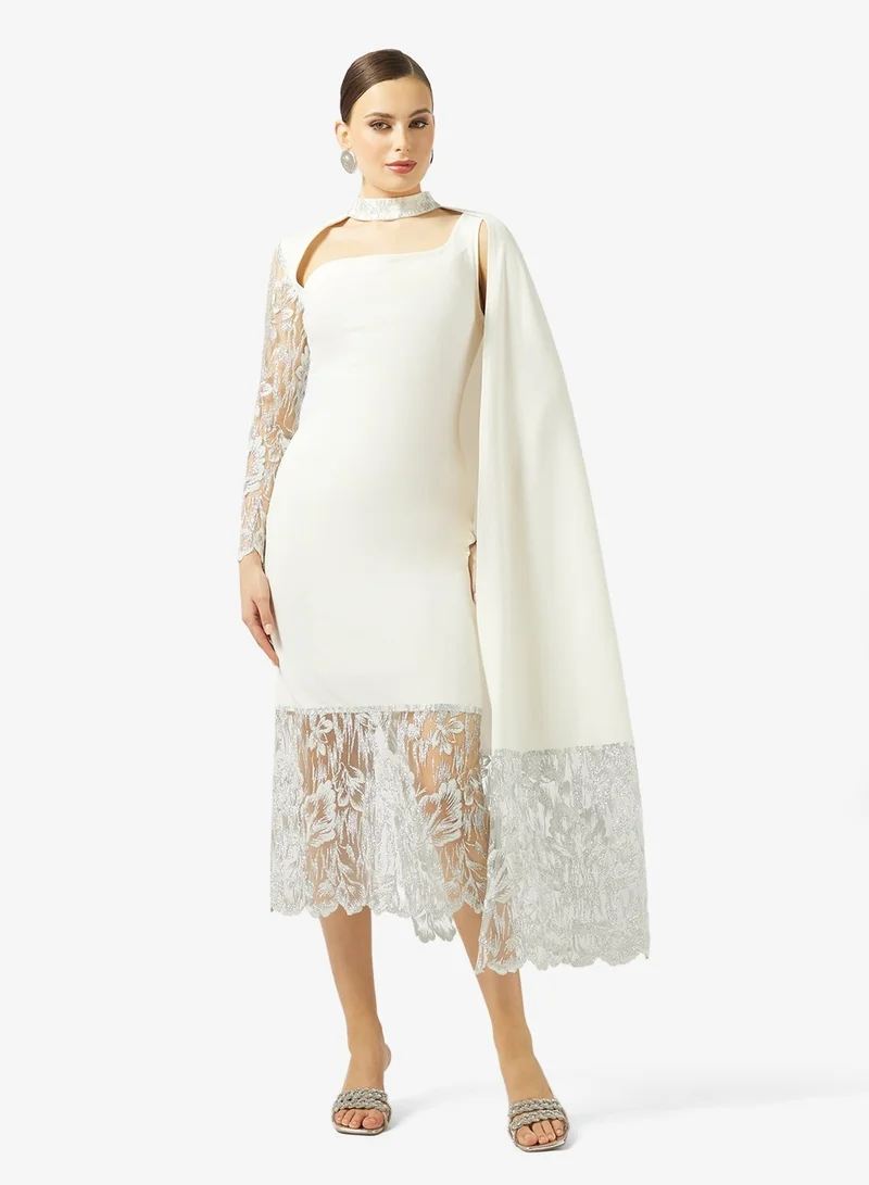 Threadz by Ajooni  Lace Cape Detail Midi Dress for Women | Best Price UAE
