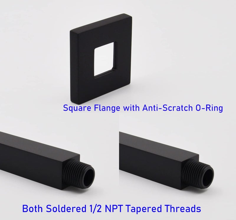 Aquaiaw Square Shower Arm and Anti-Scratch O-Ring Flange, 3 inch, Solid Brass, Both Soldered 1/2 NPT Tapered Threads, Straight Rainfall Shower Head Arm Extension, Ceiling Mount (Matte Black) - Image 3