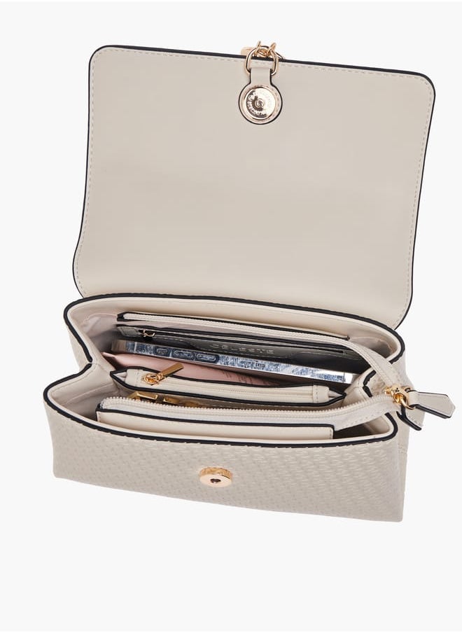Women Monogram Embossed Crossbody Bag with Button Closure and Chain Strap