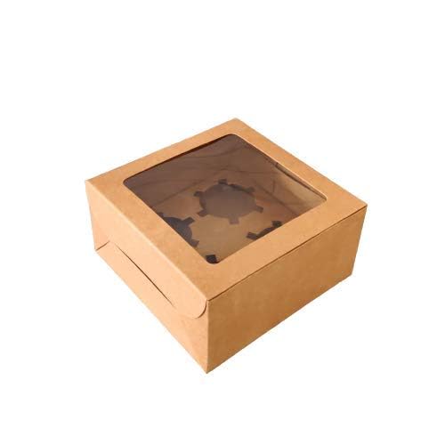 CHOCO DECOR Kraft Paper Bakery Boxes with Clear Window Pack of 10 Disposable Pastry Containers for Donuts Mini Cakes Pie Slices and Desserts 6x6x3 Inches 350 GSM - Image 1