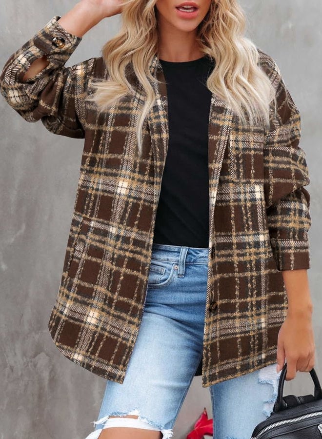 Beaully Women's 2025 Fall Clothes Plaid Shacket Jacket Long Sleeve Button Down Flannel Shirts Fashion Jacket, Coffee, XL - Image 4