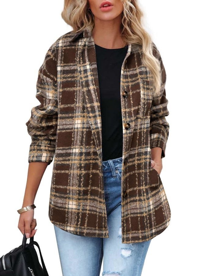 Beaully Women's 2025 Fall Clothes Plaid Shacket Jacket Long Sleeve Button Down Flannel Shirts Fashion Jacket, Coffee, XL - Image 1