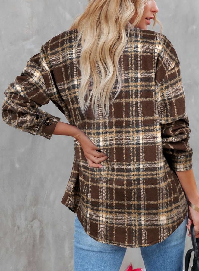 Beaully Women's 2025 Fall Clothes Plaid Shacket Jacket Long Sleeve Button Down Flannel Shirts Fashion Jacket, Coffee, XL - Image 3