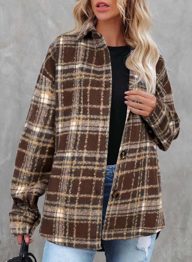 Beaully Women's 2025 Fall Clothes Plaid Shacket Jacket Long Sleeve Button Down Flannel Shirts Fashion Jacket, Coffee, XL - Image 5